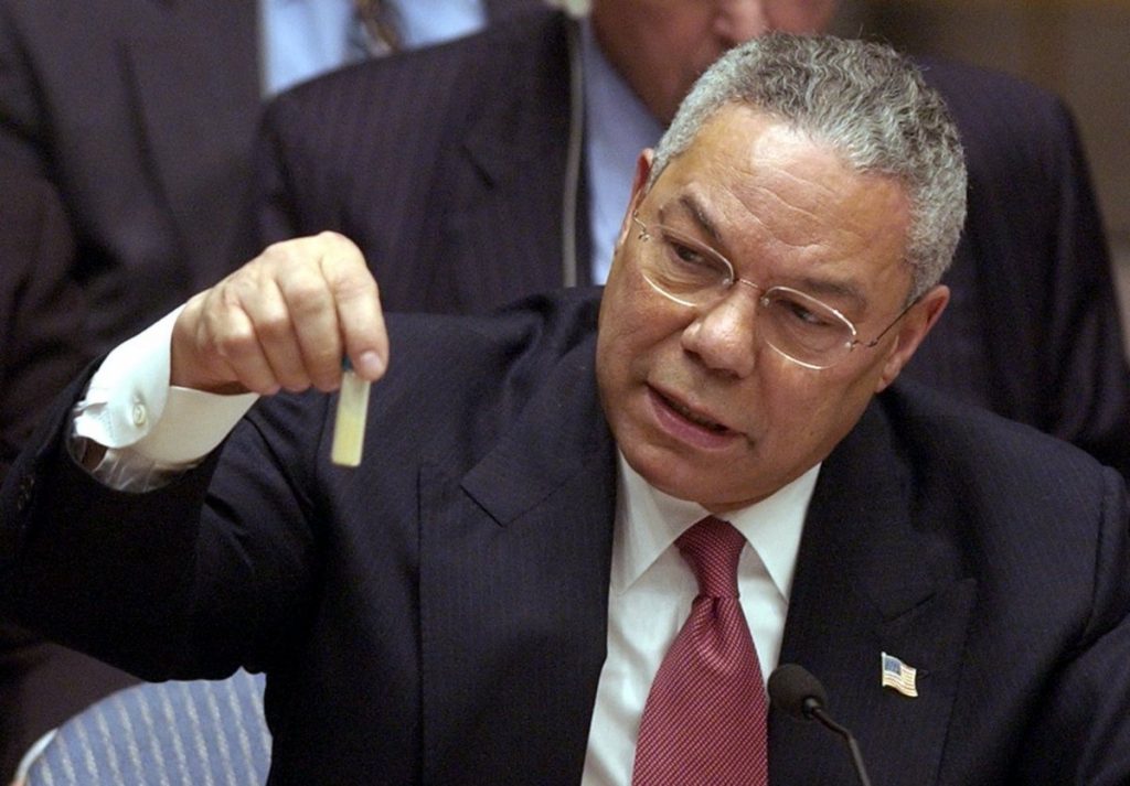 February 5, 2003 – United States Secretary of State Colin Powell holding a model vial of anthrax while giving the presentation to the United Nations Security Council.